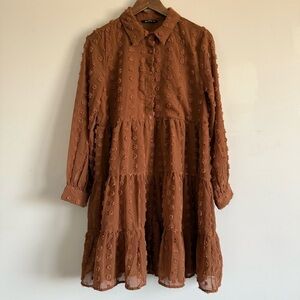 Tiered Long-Sleeve Textured Dress in Rust